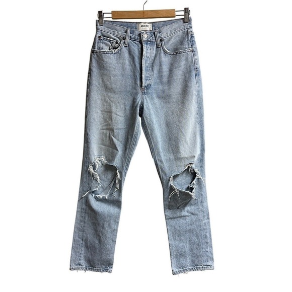 Agolde Denim - AGOLDE Riley High Rise Straight Crop Jeans Women's 25 Light Wash Distressed